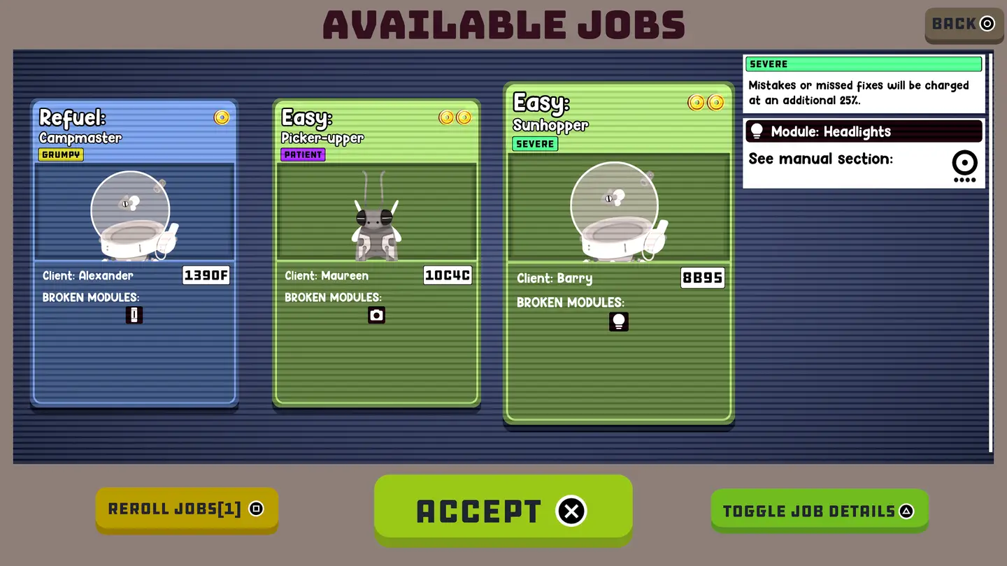 Ekran wyboru zadania.