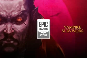 Epic Games Store udostępnia za darmo Vampire Survivors - grafika promocyjna przedstawia mroczną, stylizowaną twarz z płonącymi pomarańczowymi oczami na tle w odcieniach czerwieni, wraz z logotypami Epic Games Store i tytułem gry