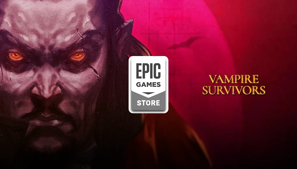 Epic Games Store udostępnia za darmo Vampire Survivors - grafika promocyjna przedstawia mroczną, stylizowaną twarz z płonącymi pomarańczowymi oczami na tle w odcieniach czerwieni, wraz z logotypami Epic Games Store i tytułem gry