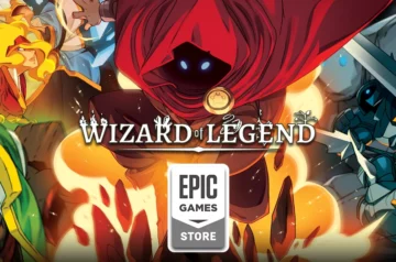 Epic Games Store udostępnia za darmo Wizard of Legend - grafika promocyjna przedstawia tajemniczego czarodzieja w czerwonym płaszczu z świecącymi niebieskimi oczami, otoczonego magicznymi efektami i żywiołami