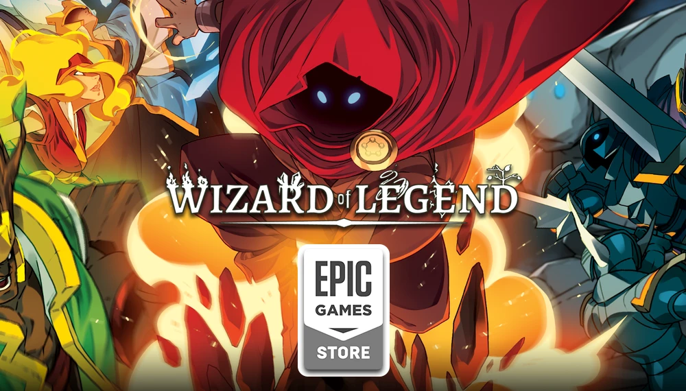 Epic Games Store udostępnia za darmo Wizard of Legend - grafika promocyjna przedstawia tajemniczego czarodzieja w czerwonym płaszczu z świecącymi niebieskimi oczami, otoczonego magicznymi efektami i żywiołami
