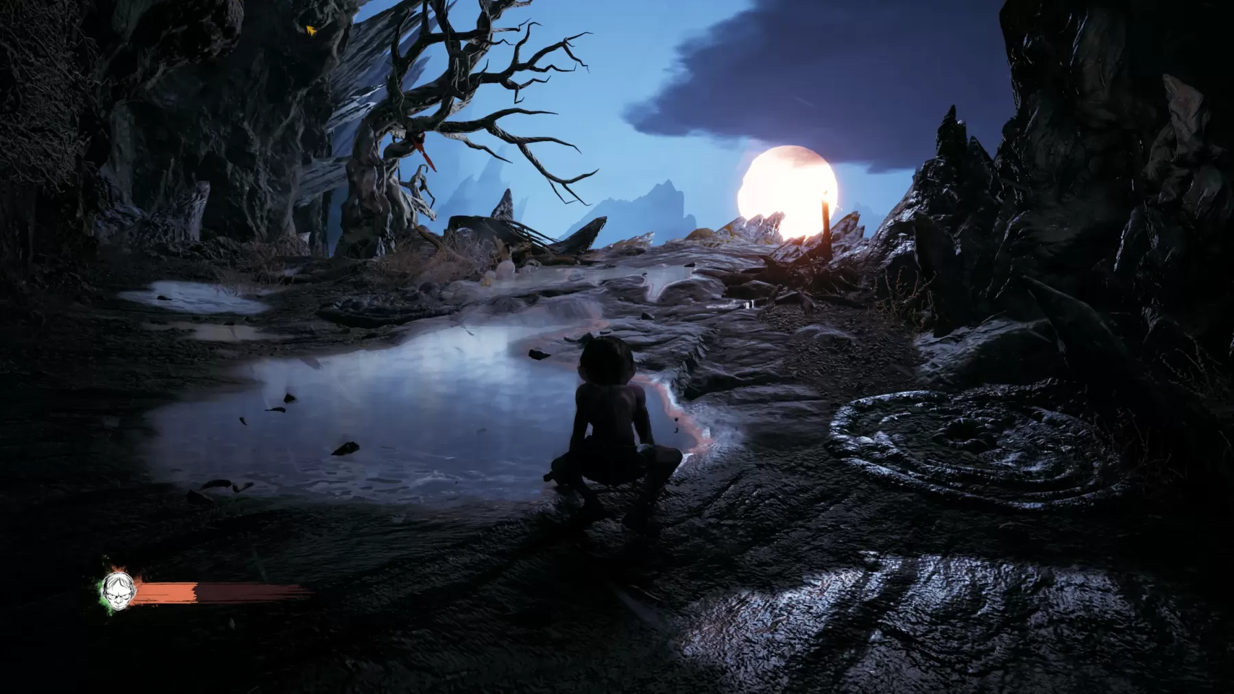 Gollum przemierzający niebezpieczne szczyty g&oacute;rskie.