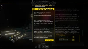 Citizen Sleeper 2 Starward Vector - ekran dialogu z odpowiedzią warunkowaną statystykami postaci.