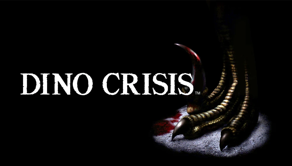 Logo gry Dino Crisis na czarnym tle z krwistoczerwonym pazurem drapieżnika w prawym rogu.