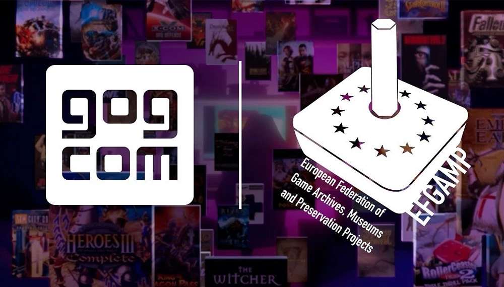 Grafika promocyjna przedstawiająca współpracę GOG z EFGAMP. Po lewej stronie białe logo GOG.com, po prawej stylizowany joystick z gwiazdami Unii Europejskiej i napis EFGAMP. W tle rozmyte okładki klasycznych gier, w tym Heroes III, The Witcher i Fallout, podświetlone fioletowym światłem.