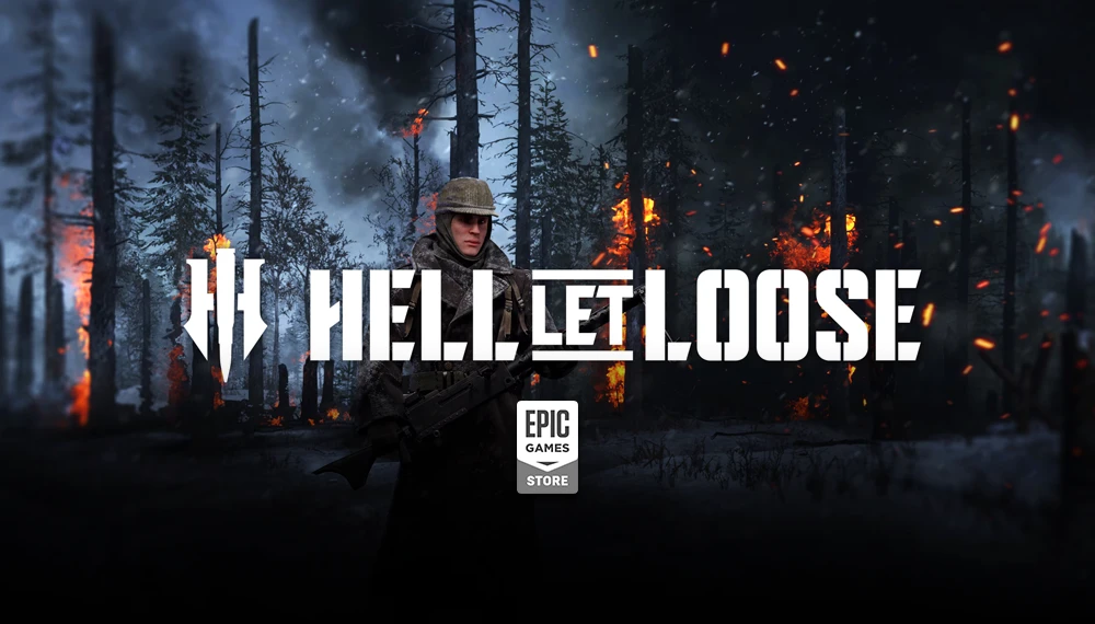 Epic Games Store udostępnia za darmo Hell Let Loose - grafika promocyjna przedstawia żołnierza na tle płonącego lasu, z iskrami i dymem unoszącym się w powietrzu oraz charakterystycznym logo gry