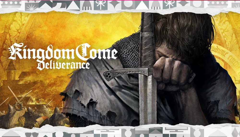Epic Games Store udostępnia za darmo Kingdom Come: Deliverance - grafika promocyjna przedstawia postać rycerza z mieczem na żółtym tle z elementami średniowiecznych bitew i charakterystycznym gotyckim logo gry