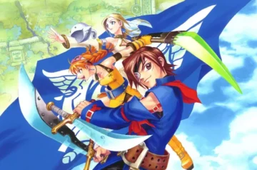 Postacie z gry Skies of Arcadia: Vyse, Aika i Fina, trzymające broń, na tle niebieskiej flagi z białymi skrzydłami i mapą w tle. Dynamiczna kompozycja obrazu podkreśla przygodowy charakter gry.