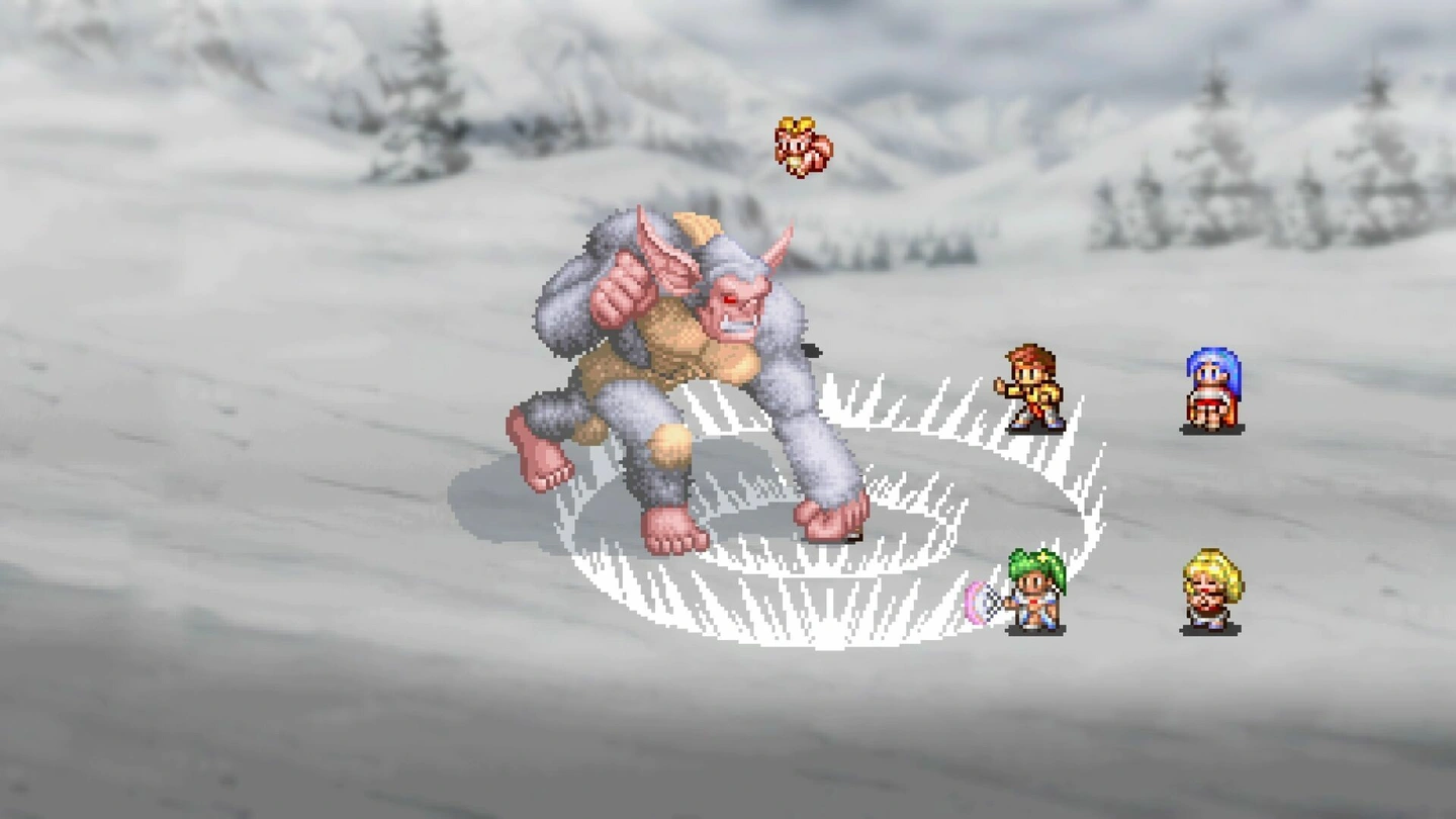 Screen z walki w LUNAR: Silver Star Story Complete. Drużyna bohater&oacute;w staje naprzeciw wielkiego potwora w zimowej scenerii. Widoczny charakterystyczny interfejs gry z pozycjami postaci.