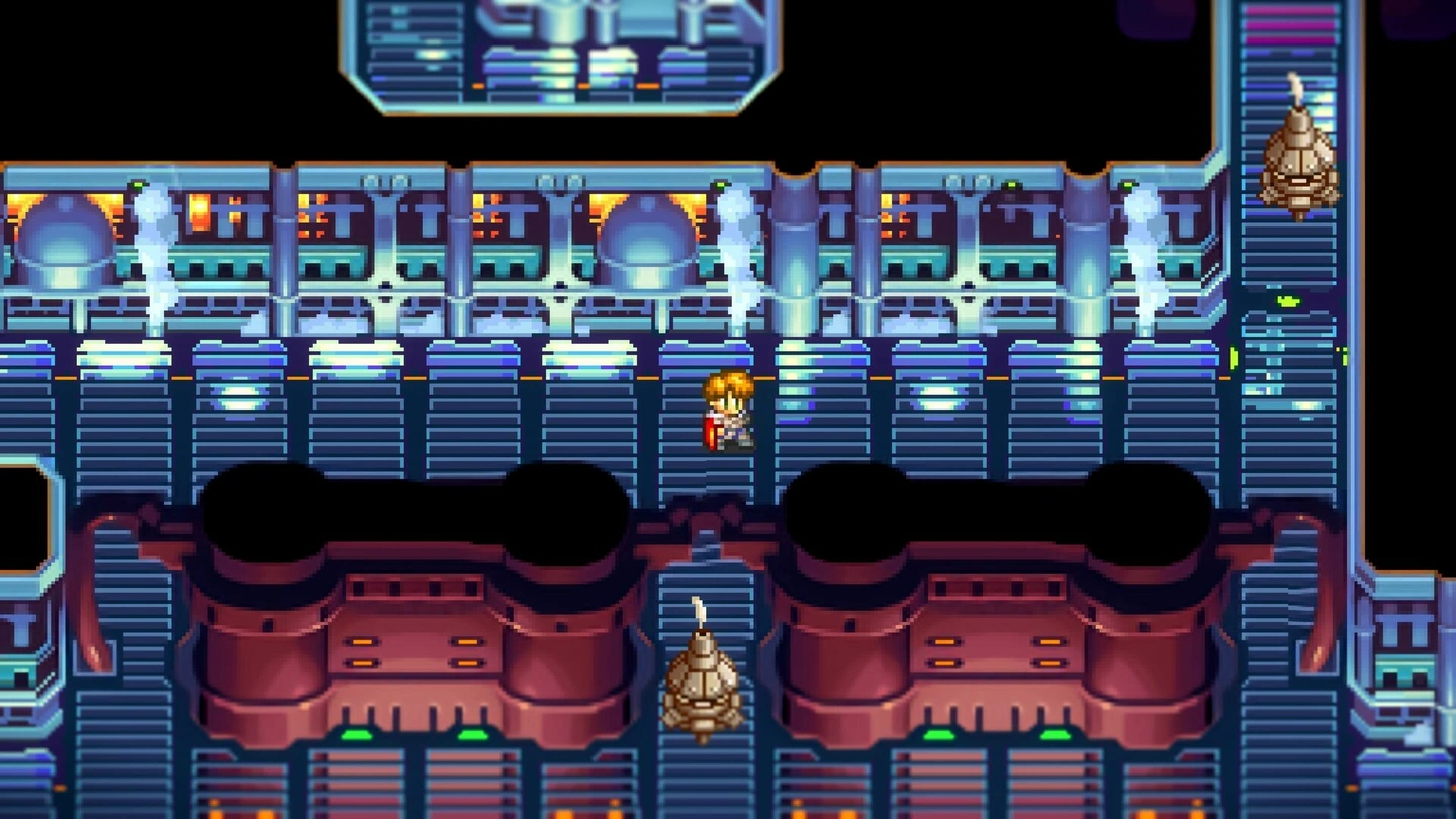 Fragment z LUNAR 2: Eternal Blue Complete przedstawiający futurystyczne wnętrze z niebieskim oświetleniem. Postać gracza porusza się po metalowej platformie.