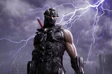 Ryu Hayabusa, legendarny protagonista powracający w Ninja Gaiden 4, stoi w charakterystycznej czarnej zbroi pośród deszczowego, cyberpunkowego Tokyo. Jego postać emanuje mocą na tle dramatycznego nieba rozświetlanego błyskawicami.