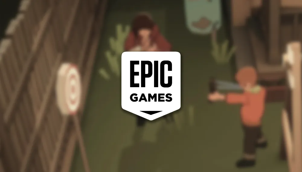 Grafika promocyjna gry Undying przedstawiająca logo Epic Games Store na tle rozmazanej sceny z gry, gdzie widać sylwetki matki i syna w minimalistycznym stylu graficznym