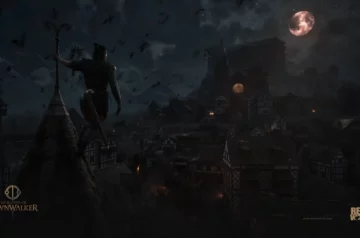 Screen z gry The Blood of Dawnwalker przedstawiający głównego bohatera stojącego na szczycie wieży średniowiecznego miasta. W tle krwawa pełnia księżyca, czarne ptaki na niebie i mroczna panorama miasta z charakterystyczną pruską zabudową szachulcową.