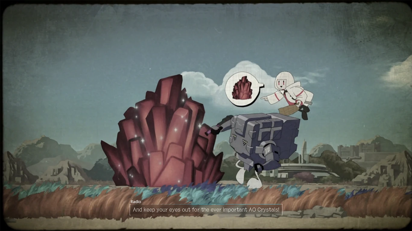 Animowana instrukcja z tutoriala gry SYNDUALITY: Echo of Ada przedstawiająca zbieranie kryształów AO