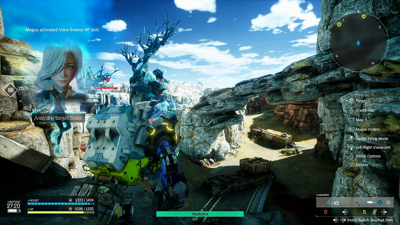 Mech typu Cradle podczas walki z Enderem. W lewym górnym rogu widoczny hologram Magusa Reyi analizującego przeciwnika