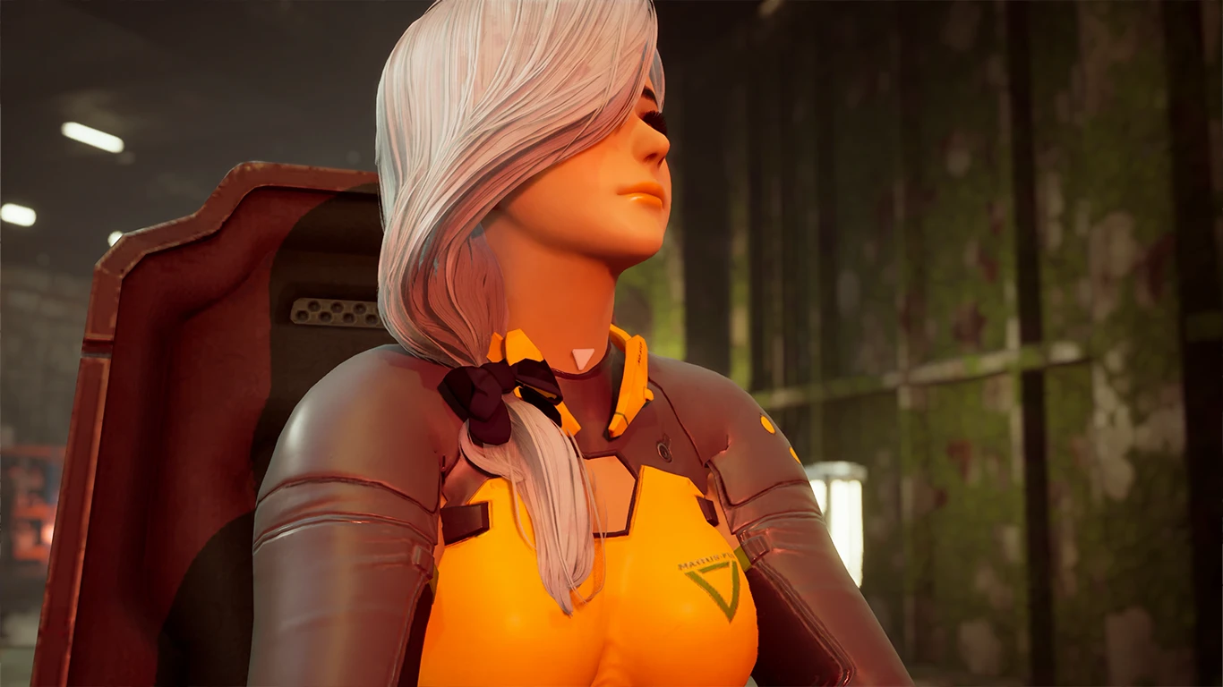 Zbliżenie na twarz Magusa - żeńskiej postaci o białych włosach w pomarańczowym kombinezonie