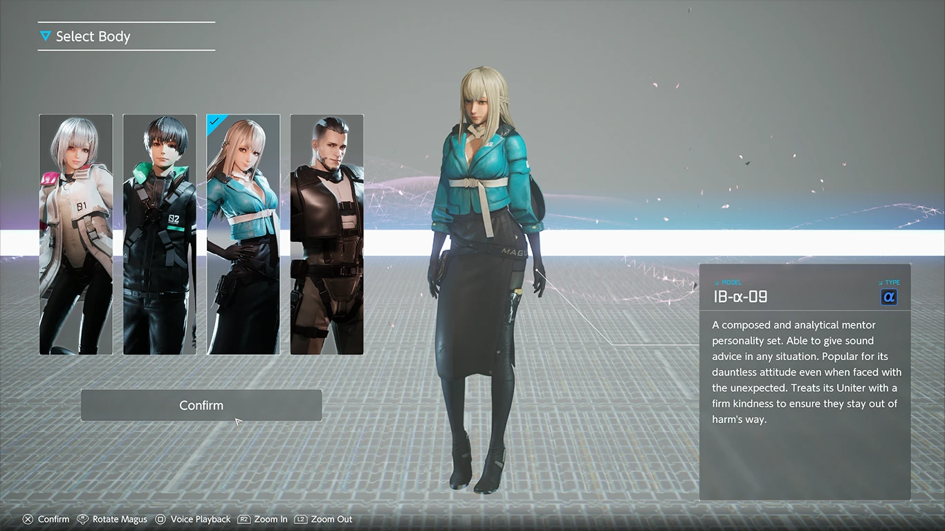 Ekran wyboru wyglądu Magusa w SYNDUALITY: Echo of Ada. Widoczne cztery różne modele postaci i opis ich osobowości