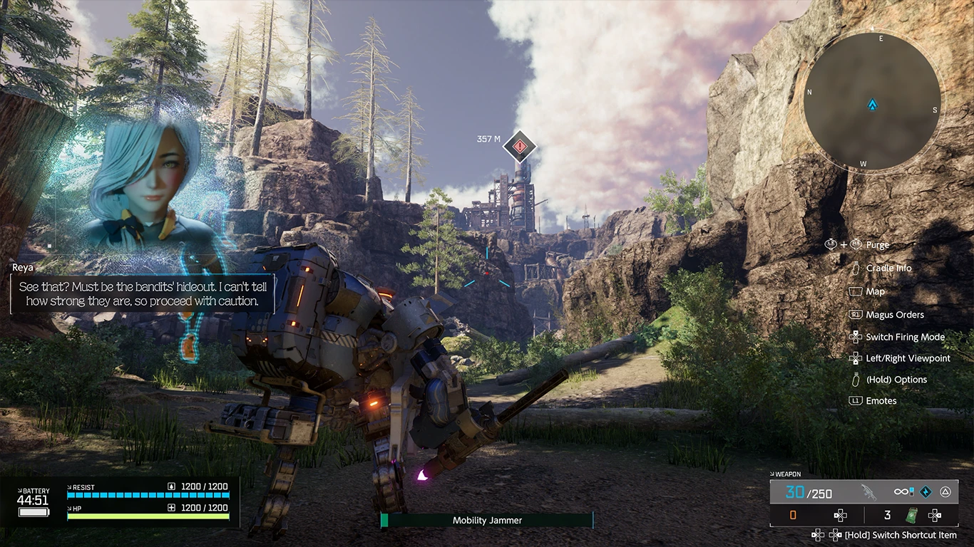 Mech przemierza górzysty teren. W oddali widoczna baza bandytów, na co zwraca uwagę Magus Reya