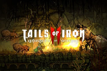 Logo Tails of Iron 2: Whiskers of Winter na tle mrocznej, zimowej scenerii. W kadrze widoczny szczurzy bohater walczący z dwiema wielkimi bestiami, otoczony płomieniami i mistyczną aurą.