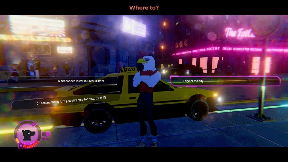 Zrzut ekranu z gry Techno Banter pokazujący lokację w mieście Rainbow Drive. Na pierwszym planie widoczna ż&oacute;łta taks&oacute;wka i postać gł&oacute;wnego bohatera, a w tle neonowe szyldy klub&oacute;w nocnych.