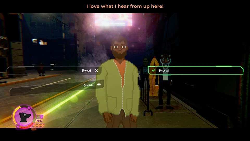 Zrzut ekranu z gry Techno Banter ukazujący interakcję z potencjalnym klubowiczem. Widoczne opcje dialogowe: Accept/Reject/Observe, a postać gościa przedstawiona jest w charakterystycznym pikselowym stylu z zieloną kurtką.