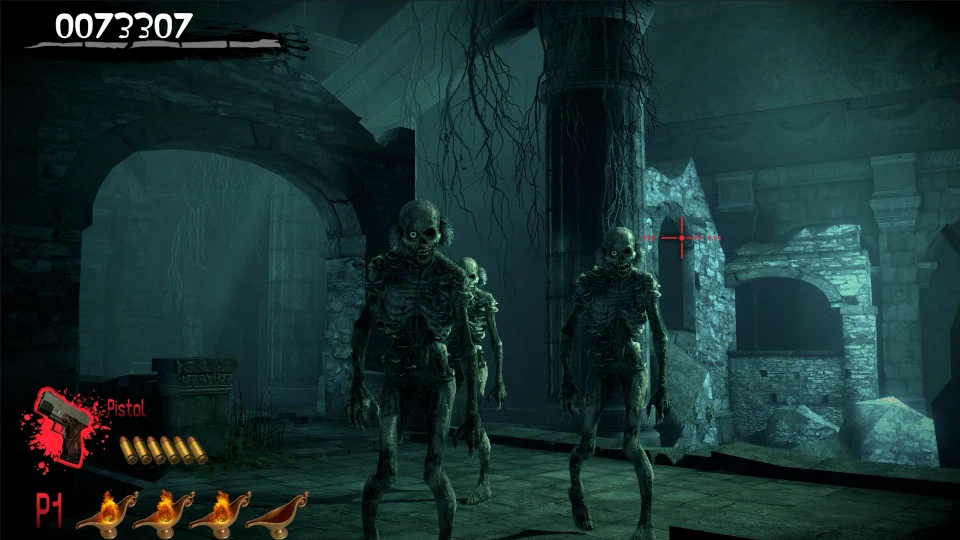 Scena w podziemiach z zombie-szkieletami nadchodzącymi z mrocznych korytarzy. Charakterystyczne zielonkawe oświetlenie dodaje grozy.