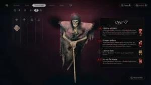 Ekran Thaumaturgii pokazuje postać Upyra z opisanymi umiejętnościami i atakami takimi jak 'Upiorne upojenie' i 'Krwawa pokuta'