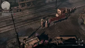 Scena z "The Thaumaturge" przedstawiająca słoneczną, brukowaną ulicę z r&oacute;żnymi postaciami, w tym jedną leżącą na ziemi, oraz z misją do zrealizowania dotyczącą odkrycia ostatnich chwil ojca.