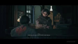 Bohater prosi kogoś w pomieszczeniu o chwilę uwagi, wyrażając chęć wysłania depeszy.