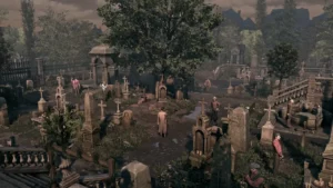 Widok na cmentarz z postaciami rozstawionymi wok&oacute;ł, na kt&oacute;rym gracz ma do wykonania zadanie eksploracji miejsca.