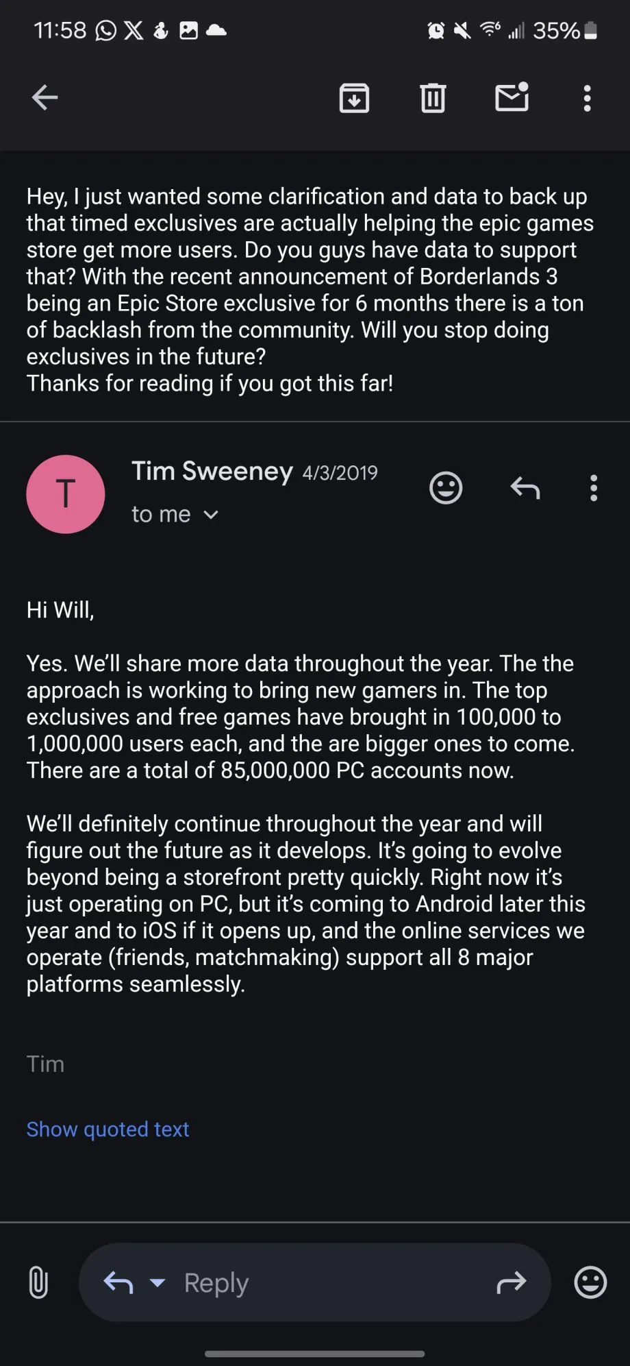 Zrzut ekranu przedstawia wymianę maili między użytkownikiem a Timem Sweeneyem z Epic Games z 2019 roku. Użytkownik pyta o dane dotyczące skuteczności czasowych ekskluzywności w Epic Games Store, wspominając o kontrowersjach wok&oacute;ł Borderlands 3. Sweeney odpowiada, potwierdzając skuteczność strategii, podając liczby nowych użytkownik&oacute;w i zapowiadając rozw&oacute;j platformy na urządzenia mobilne.