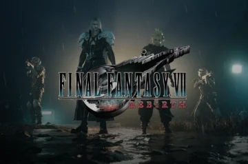 Logo Final Fantasy VII Rebirth na tle postaci z gry: Sephiroth w centrum oraz Cloud z towarzyszami po bokach, stojący w deszczu na kamienistym terenie. Mroczna, klimatyczna scena utrzymana w ciemnozielonych i czarnych barwach.