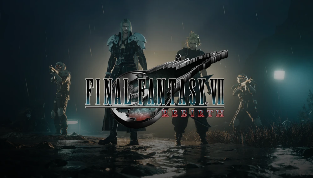 Logo Final Fantasy VII Rebirth na tle postaci z gry: Sephiroth w centrum oraz Cloud z towarzyszami po bokach, stojący w deszczu na kamienistym terenie. Mroczna, klimatyczna scena utrzymana w ciemnozielonych i czarnych barwach.
