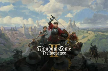 Okładka gry Kingdom Come: Deliverance II, na której znajdują się walczący w bitwie Henryk, Jan Ptaszek czy Katarzyna. W tle toczy się bitwa oraz widać typowe dla średniowiecznych Czech krajobrazy.