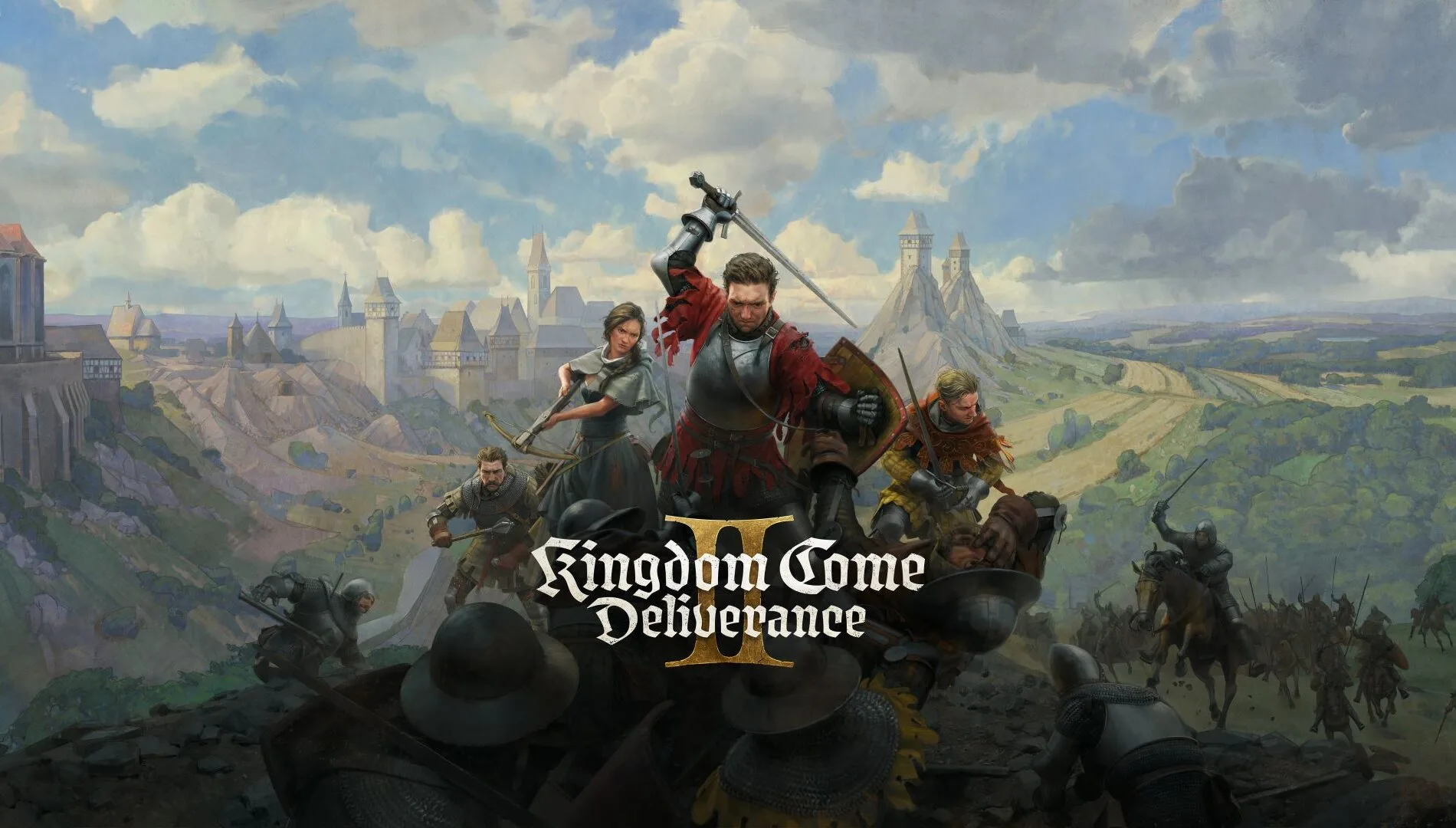 Okładka gry Kingdom Come: Deliverance II, na której znajdują się walczący w bitwie Henryk, Jan Ptaszek czy Katarzyna. W tle toczy się bitwa oraz widać typowe dla średniowiecznych Czech krajobrazy.