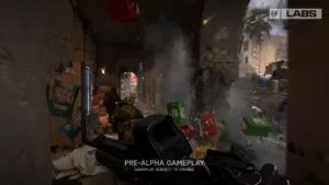 Kadr z nowego Battlefielda, z test&oacute;w Battlefield Labs. Grupa żołnierzy biegnąca wzdłuż budynku, przy nich fruwające śmieci od wybuch&oacute;w, uszkodzone ściany, kolumny budynk&oacute;w.