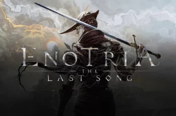 Grafika promocyjna gry „Enotria: The Last Song”. Na ilustracji widać postać rycerza w bogato zdobionej zbroi i kapturze, dzierżącego długi miecz w dramatycznej pozie bojowej. W tle rozpościera się burzowe niebo z chmurami, przez które przebija się światło zachodzącego słońca oraz sylwetka tajemniczej wieży. Logo gry „Enotria: The Last Song” jest umieszczone centralnie, nałożone na postać rycerza. Całość utrzymana jest w mrocznej, fantastycznej stylistyce.