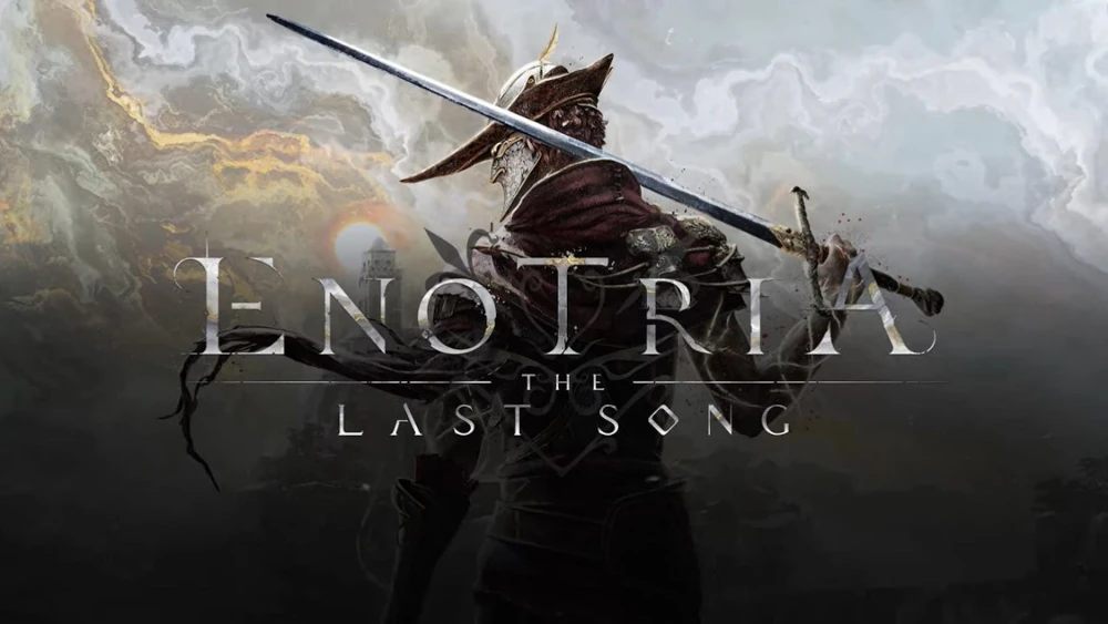 Grafika promocyjna gry „Enotria: The Last Song”. Na ilustracji widać postać rycerza w bogato zdobionej zbroi i kapturze, dzierżącego długi miecz w dramatycznej pozie bojowej. W tle rozpościera się burzowe niebo z chmurami, przez które przebija się światło zachodzącego słońca oraz sylwetka tajemniczej wieży. Logo gry „Enotria: The Last Song” jest umieszczone centralnie, nałożone na postać rycerza. Całość utrzymana jest w mrocznej, fantastycznej stylistyce.