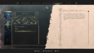 Ekran kompendium z informacjami o świecie gry, po lewej strony stylizowany na księgę spis haseł, po prawej kr&oacute;tka notka