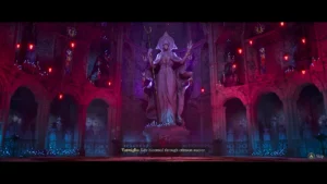 Wnętrze budynku przypominającego jakiś ołtarz, z posągiem kobiety na środku.