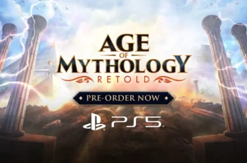 Grafika promocyjna Age of Mythology: Retold na PlayStation 5. Logo gry na tle świątynnych kolumn z piorunami. Na dole widoczne logo PS5 i napis 'PRE-ORDER NOW'.