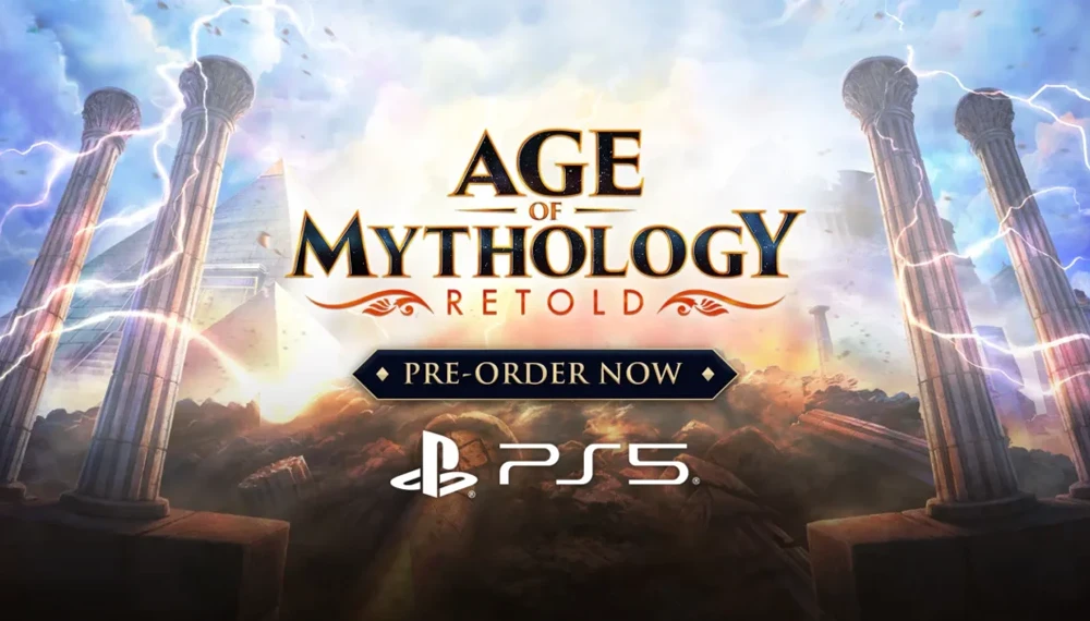 Grafika promocyjna Age of Mythology: Retold na PlayStation 5. Logo gry na tle świątynnych kolumn z piorunami. Na dole widoczne logo PS5 i napis 'PRE-ORDER NOW'.