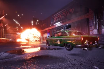 CyberTaxi: Lunatic Nights – zardzewiała, uzbrojona taksówka retro pędzi przez neonowe, dystopijne miasto, mijając eksplozję na ulicy