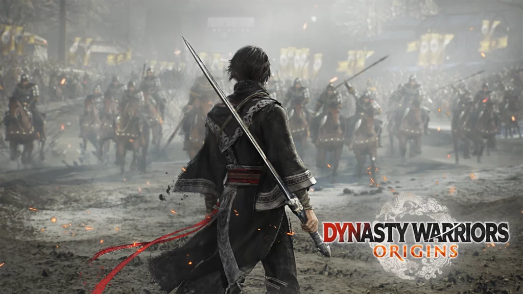 Plansza tytułowa Dynasty Warriors Origins - bohater stojący naprzeciw konnym oddziałom wroga.