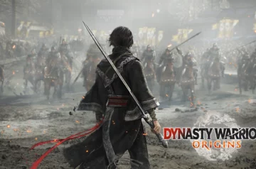 Plansza tytułowa Dynasty Warriors Origins - bohater stojący naprzeciw konnym oddziałom wroga.