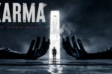 Kadr z materiałów promocyjnych gry KARMA: the Dark World. Postać stojąca w wodzie, przed białym monolitem, po bokach ogromne dłonie.