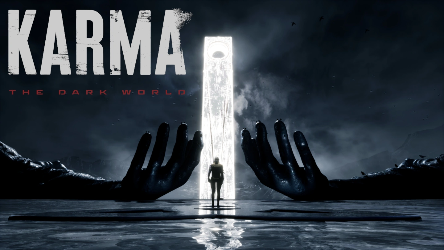 Kadr z materiałów promocyjnych gry KARMA: the Dark World. Postać stojąca w wodzie, przed białym monolitem, po bokach ogromne dłonie.