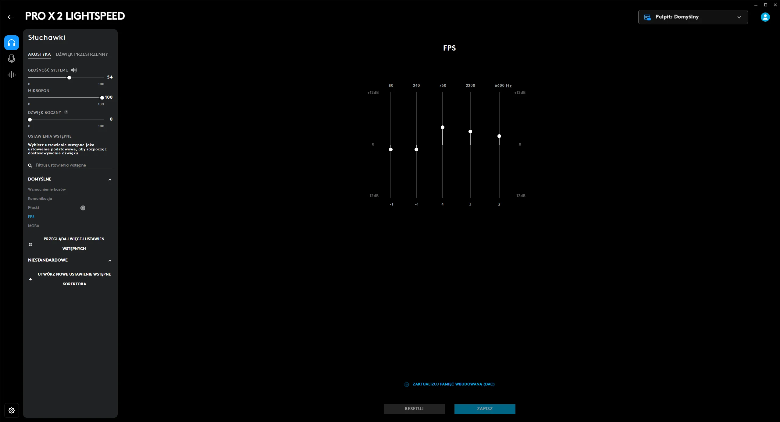 Interfejs Logitech G HUB z ustawieniami korektora dźwięku dla słuchawek Logitech G PRO X 2 LIGHTSPEED. Wybrany profil dźwiękowy 'FPS' z podbiciem wysokich częstotliwości. Po lewej stronie widoczne opcje akustyki, głośności systemu i mikrofonu.