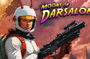 Grafika promująca Moons of Darsalon - bohater i tytuł gry.