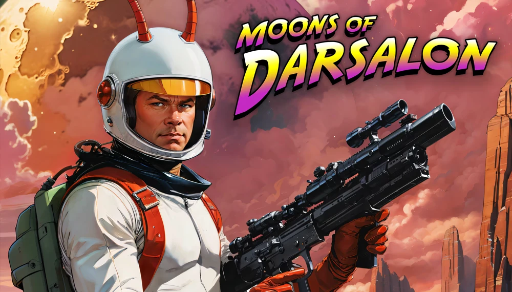 Grafika promująca Moons of Darsalon - bohater i tytuł gry.